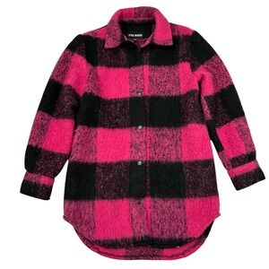 STEVE MADDEN Womens Hot Pink Black Buffalo Plaid Fuzzy Oversized Shirt Jacket XS